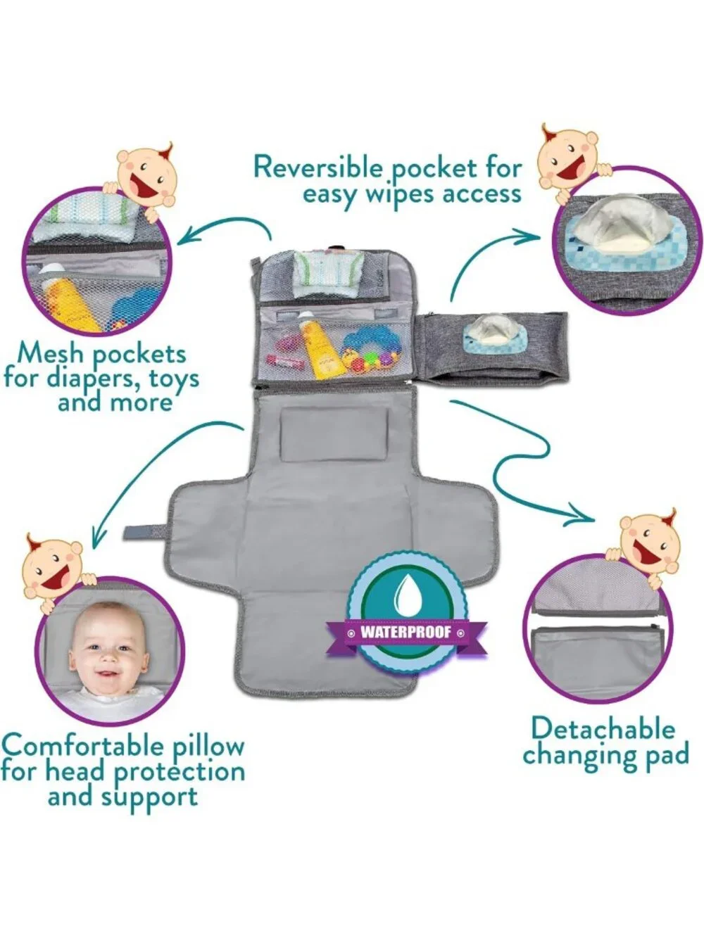 Portable Baby Diaper Changing Pad with Wipes Pocket - Classic Grey Travel